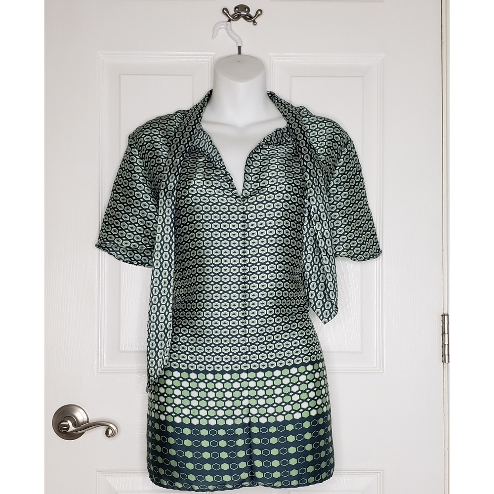 Zara Woman Tie Neck Blouse - Green & White